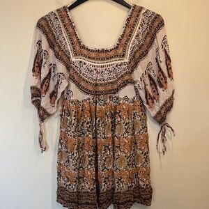 Free People Boho Square-Neck Tunic in Rust and Beige Keyhole back RIP IN BACK